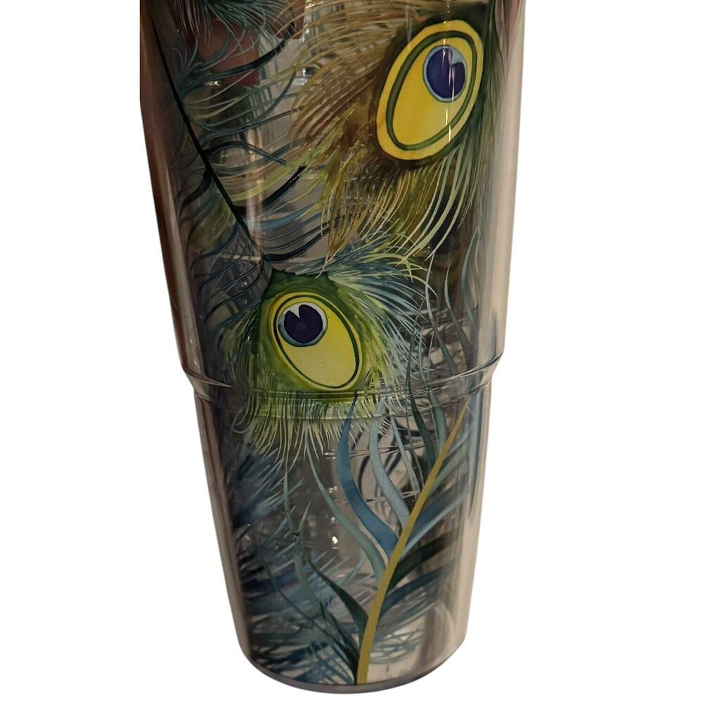 Tervis Peacock Feathers Plastic Tumbler Drink Cup 24 oz Insulated Aqua‎ Blue Lid